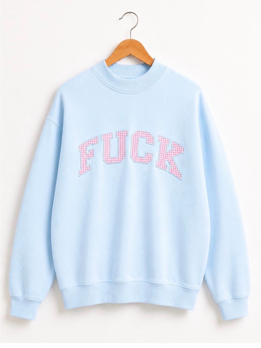 Women’s Fu## Blue Oversized Sweatshirt S/M Pink Gingham Graphic Crewneck Pullove